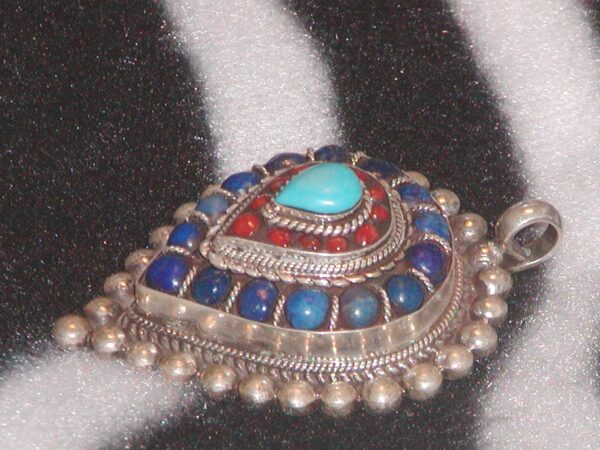 Bold Vintage Nepalese Pendant Lapis Coral Turquoise Sterling Silver