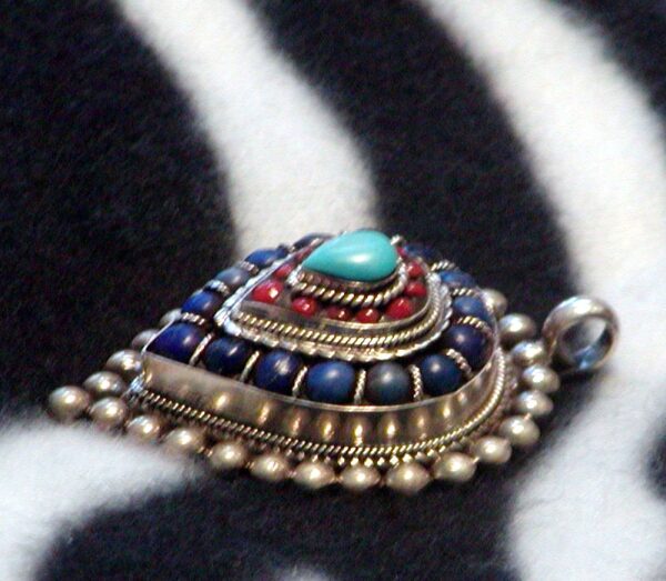 Bold Vintage Nepalese Pendant Lapis Coral Turquoise Sterling Silver