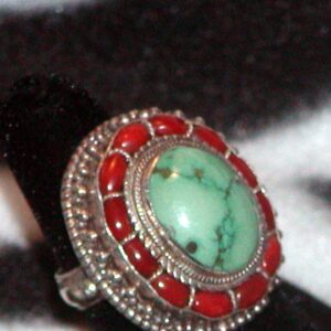 Vintage Royal Nepalese Gemstone Turquoise Coral Sterling Silver Ring