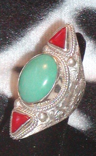 Long Handmade Turquoise and Tibetan Silver Ring