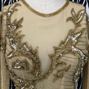 AJ Bari Vintage Evening Gown, Gold Beaded Silk Vintage Evening Gown
