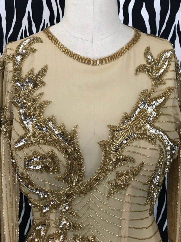 AJ Bari Vintage Evening Gown, Gold Beaded Silk Vintage Evening Gown