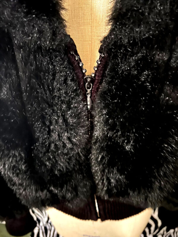 Black Faux Fox Fur Bomber Jacket With A Rhinestone Zipper