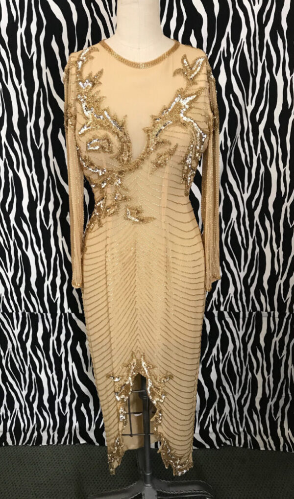 AJ Bari Vintage Evening Gown, Gold Beaded Silk Vintage Evening Gown