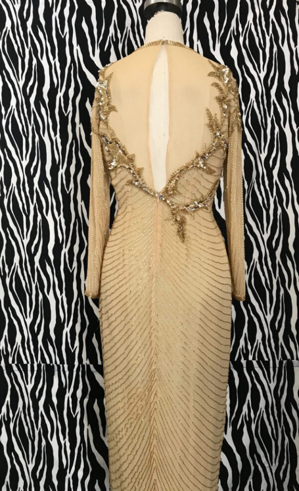 AJ Bari Vintage Evening Gown, Gold Beaded Silk Vintage Evening Gown