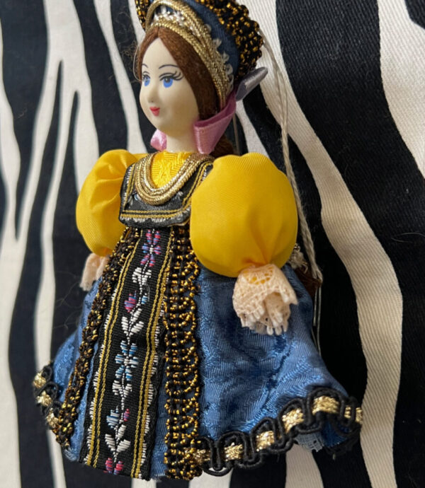 Russian Christmas Ornament Porcelain Doll In A Blue Russian National Dress